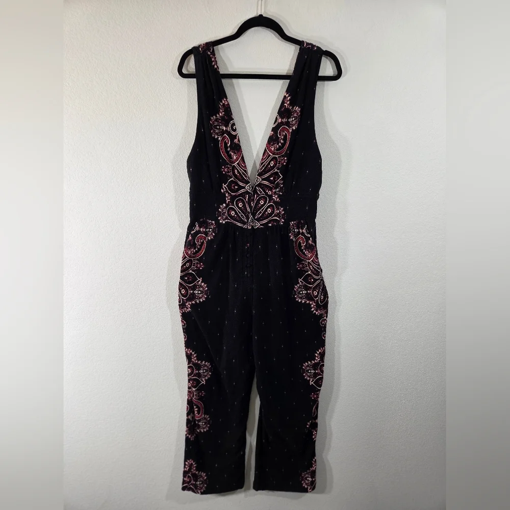 FREE PEOPLE Paisley Boho Plunge Neck Button Front Relaxed Cropped Leg Jumpsuit